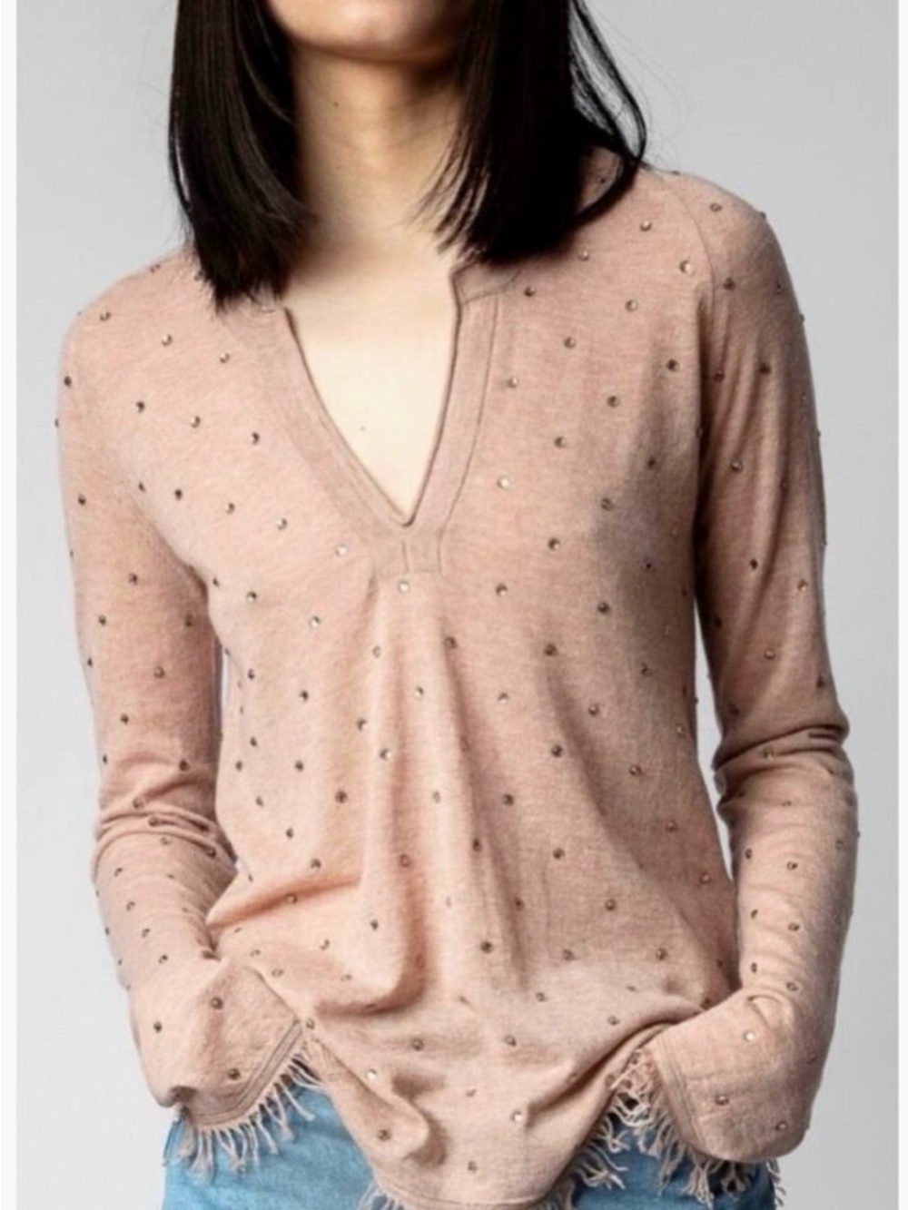 Zadig&voltaire Riviera Cashmere Pullover Studded Pink V-Neck Long Sleeve Sweater